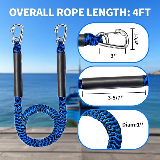 Bungee Boat Dock Line, Boat Rope with Double 316 Stainless Steel Clips Accessories for Bass Boat, Kayak, Pontoon, Watercraft, Waverunner, SeaDoo, Canoe,2Packs,4-6FT,Blue&Black