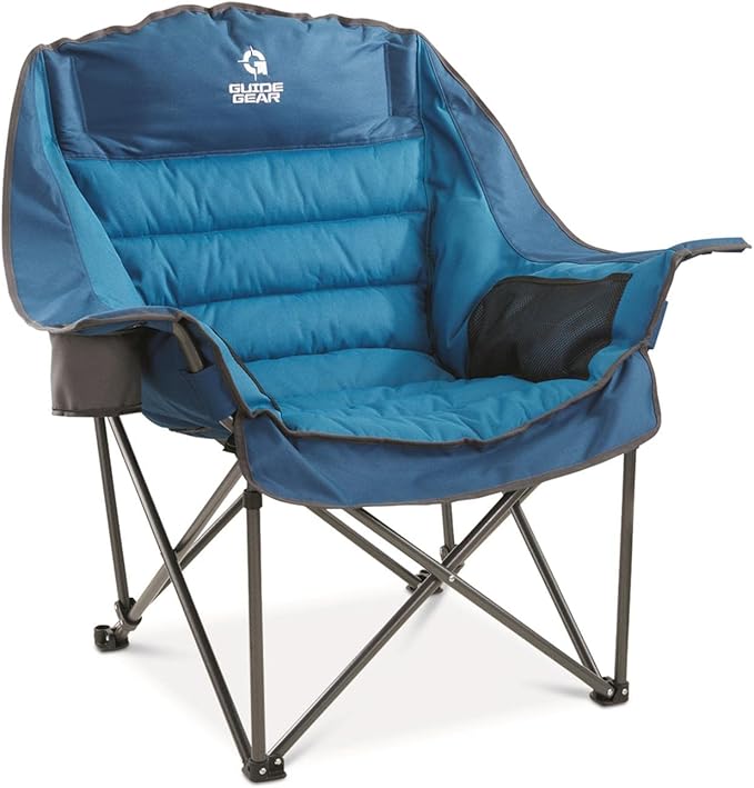 Guide Gear Oversized Extra Large Padded Camping Chair, Portable, Folding, Large Camp Lounge Beach Chairs for Outdoor, Adults, Men and Women, Heavy-Duty 400 Pound Capacity, with Cup Holder Blue