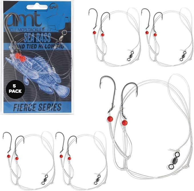 Sea Bass Hi/Lo Saltwater Fishing Rigs 1, 5 &10 Pack Bulk Options - Uncle Mo’s Tackle – Mustad Size 3/0 Bait Hook, 60lb Heavy Duty, 80lb Swivel & Sinker Loop, Hand Tied - for Fluke Porgy Snapper Croaker Sea Trout Tautog Spot Pompano