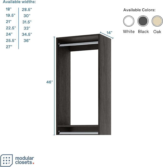 Double Hanging Closet Unit - Modular Corner Closet System - Grey, 25.5 inches Wide - Includes Shelves