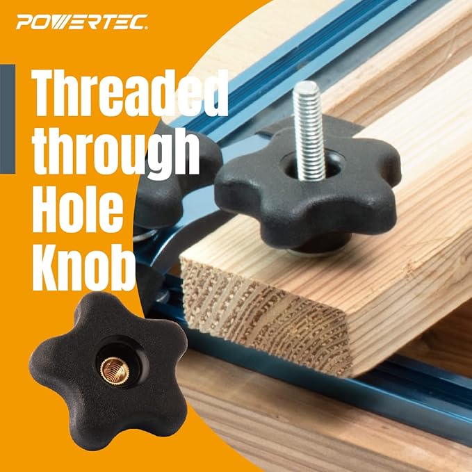 POWERTEC 71070V T Track Knob Kit w/ 5 Star Knob, 1/4-20 Threaded Bolts and Washers, 12 Piece Set, T Slot Bolts, T Track Accessories for Woodworking Jigs and Fixtures