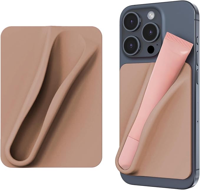 DOB SECHS Silicone Lip Holder for Cell Phone Lipstick Lip Glaze Phone Case Adhesive Back Stick On Holder for iPhone and Android Smartphone,Grey+Khaki