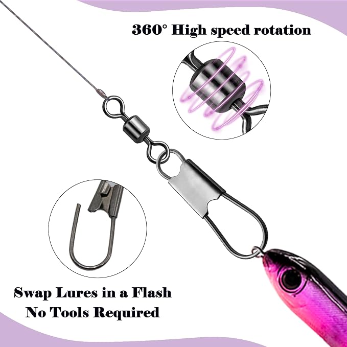 Fishing Snap Swivels & Barrel Swivels - 50 Pack Stainless Steel Corrosion-Resistant Saltwater/Freshwater Swivel Clips with Safety Interlock & Ball Bearing for Fishing Lures, Leader Lines