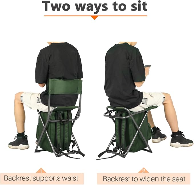 Portal Backpack Cooler Chair Fishing Chairs with Backrest Folding Camping Stool Compact for Outdoors Hiking Hunting Travel, Supports 225 lbs Capacity