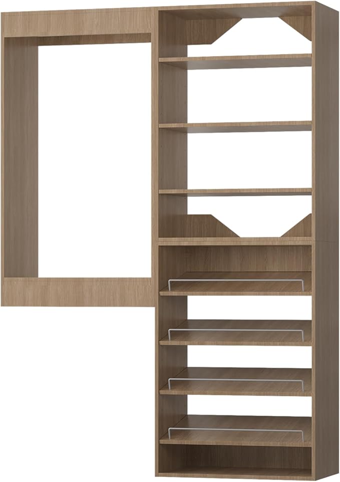 ROOMTEC Modular Closet System, 61" Wall Mounted Closet Organizer with Hanging Rods and Shoe Shelf, Wooden Tower for Walk-In Closets, Wardrobe Storage Kit, Wood
