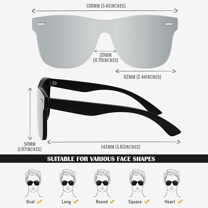 LINVO Trendy Polarized Mirrored Sunglasses Men Womens, Flat One Piece Reflective Shades for Driving Fishing UV400 Protection