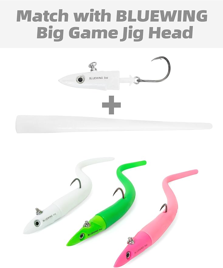 BLUEWING Jig Heads Saltwater 2oz,3oz,4oz,5oz,6oz,7oz Swimming Jigheads 1pc with High Carbon Steel Swing Hook and 6in/9in Replacement Tail Big Game Fishing Lures