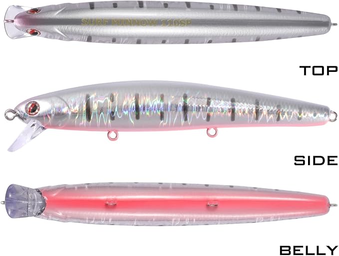 LITTMA California Surf Fishing Lures Saltwater Jerkbait Crankbait Surf Minnow 110/125 - Metallic Sardine Super Glow & Pearl Pink Belly Glow Lures for Halibut & Striper Fishing