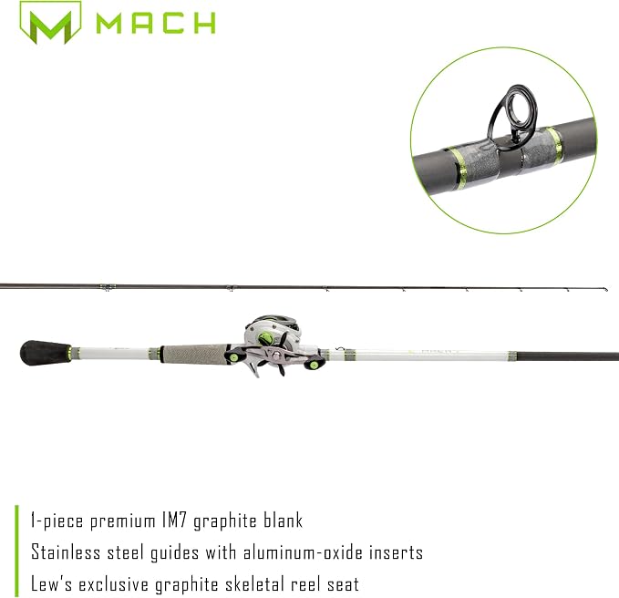 Lew's MACH 2 Spinning Reel and Fishing Rod Combo, IM8 Graphite Blank Fishing Rod, Right or Left-Hand Retrieve, Winn Dri-Tac Ultra Handle, Black/Green