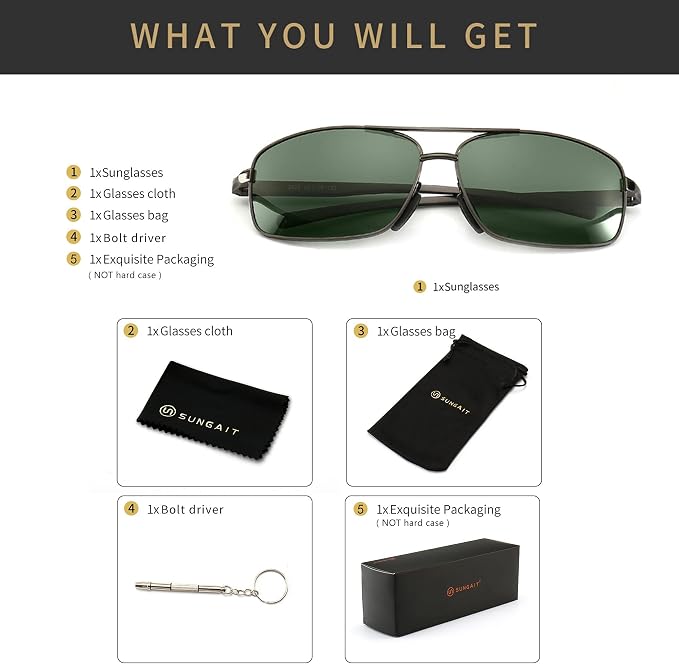 SUNGAIT Ultra Lightweight Rectangular Polarized Sunglasses Men UV400 Protection