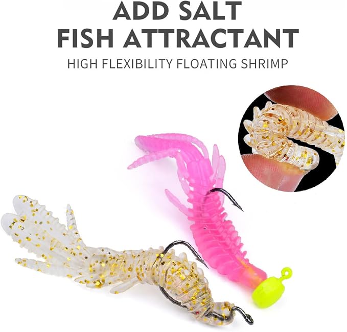 10 Pcs Soft Swimbait Lures, 6.4cm/2.5in Shrimp Shape Soft Plastic Fishing Lures Kit, Bass Fishing Lure Swim Baits with 5 Color, for Fishing Trout, Crappie, Bass, Redfish, Freshwater, Saltwater