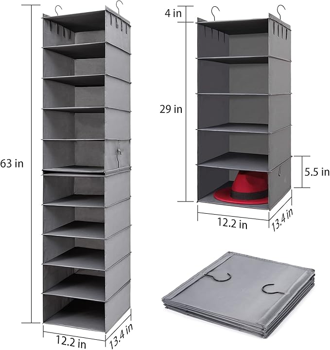 LADYBRO Hat Rack for Closet Hat Organizer 10 Shelf Organizer Fedora Trilby Hanging Storage Display Hanger Holder Caps Oxford Cloth Grey Space Saving