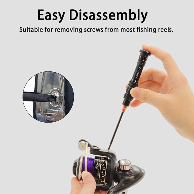 Fishing Reel Repair Tools Kit, S2 Steel Screwdriver Set with Magnetic Tips for Reel and Rod Repair, Includes Flat, Raised Flat, Phillips & Hex Tips