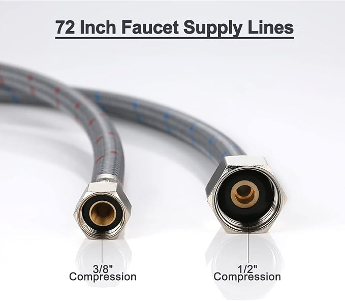 ARCORA 72" Long Faucet Hose Connects Bathroom Kitchen Sink to Water Supply, cUPC Faucet Supply Lines 3/8" Comp x 1/2" Comp 2Pcs (1 Pair)