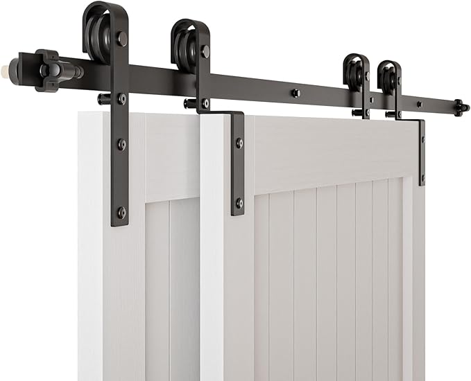 4-14FT Bypass Sliding Barn Door Hardware Kit Single Track System Carbon Steel Basic Roller Hanger Easy to Install Fit Double 45" Wide Doors Panels (7.5ft Single Track Bypass)