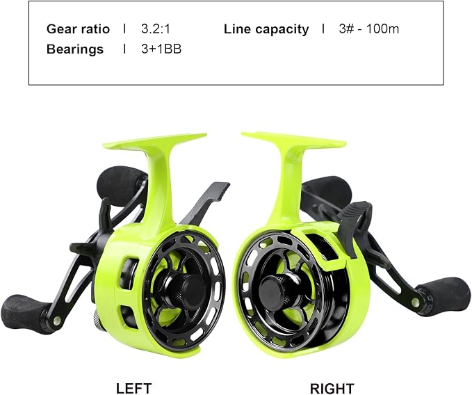 Ice Fishing Reels 3.2:1 Gear Ratio Ultra Smooth 3+1Ball Bearings Strength CNC-machined Aluminum Inline Ice Fishing Reel with Left/Right Hand Retrieve