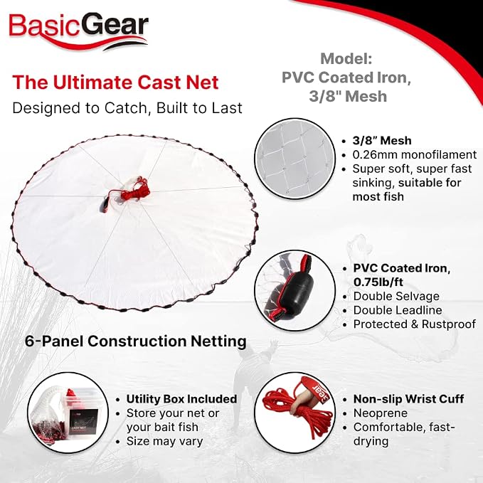 BasicGear Cast Net | 3ft-12ft Radius, 3/8 or 1/4 inch Mesh for Freshwater and Saltwater Bait Fish| Professional Grade and Upgraded Material | Throw Style