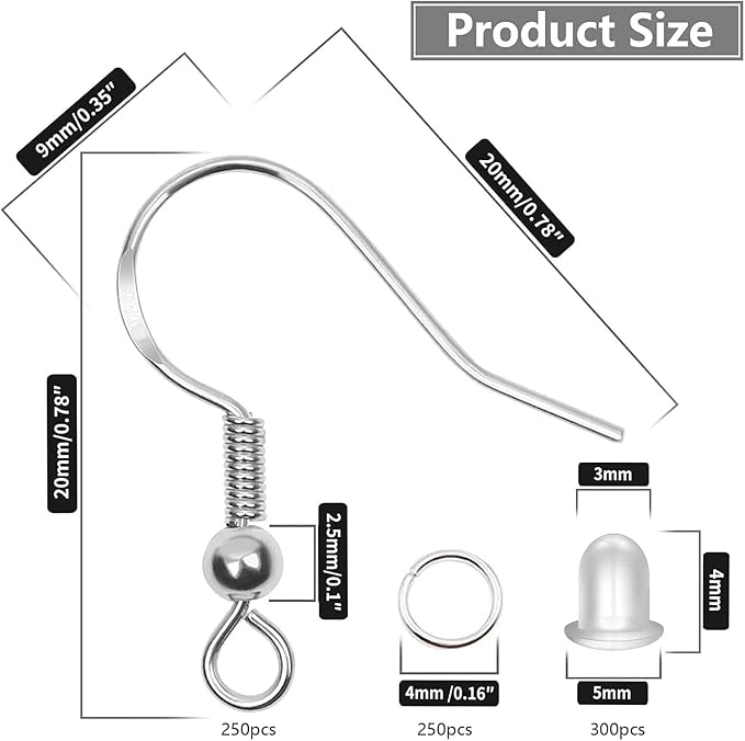 Hypoallergenic Earring Hooks, 800PCS/125 Pairs Fish Hooks,500pcs Silver Plated Earring Making kit with Jump Rings and Clear Silicone Backs Stopper