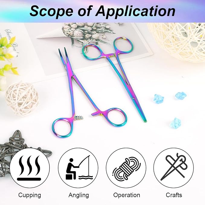 Ainiv 2 Piece Hemostat Curved and Straight Stainless Steel Self-Locking Fishing Forceps Piercing Remover Tool Piercing Grabber Tool for Nurses Pet Grooming Care Fishing DIY Crafting (Colorful, 5.5")