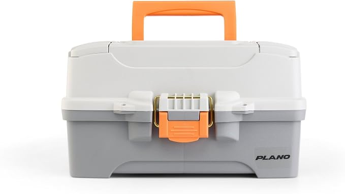 Plano Two-Tray Tackle Box, Light Grey/Dark Grey, Rust-Proof Brass Latch, Top-Access Tray with Deep Storage, Made in the USA, Portable Fishing Gear Storage Organizer