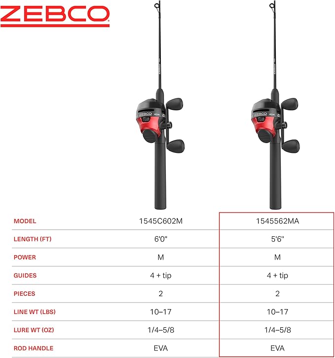 Zebco 404 Spincast Reel and Fishing Rod Combo, 5'6" 2-Piece Durable Fiberglass Rod with EVA Handle, Quickset Anti-Reverse Reel with Built-in Bite Alert, 28-Piece Tackle Pack,Black/Red