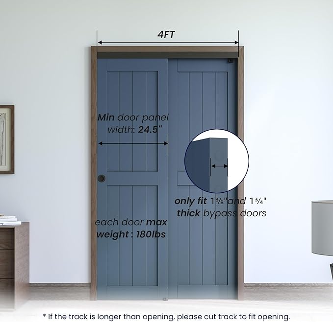 SMARTSTANDARD 48"/4FT Ceiling Mount Bypass Sliding Door Hardware Kit for Cabinet Closet, Double Pocket Doors Hardware with Finger Pull, Smoothly and Quietly, Fit 24.5" Wide Door Panel, No Door, Black