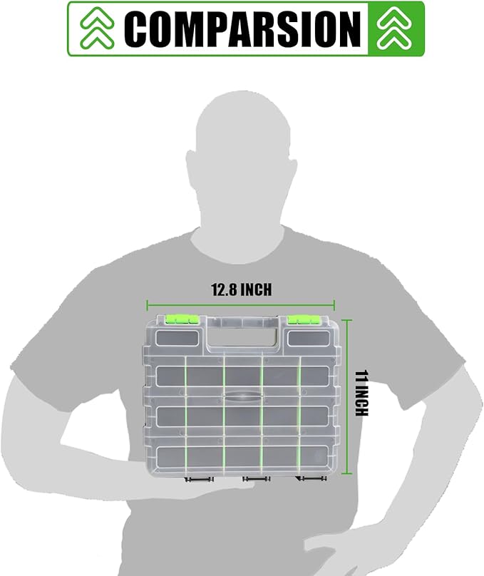 Tool Box with Transparent Lid, Double Side 34-Compartments Organizer Box with Removable Dividers for Hardware, Screws, Bolts, Nails, Beads, Jewelry and Fishing Accessories, Green, 2 Packs