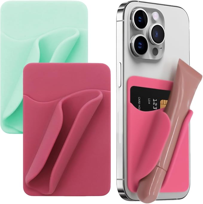 2 Pack Lip Gloss Holder Phone Case,Silicone Lip Gloss Holder with Card Holder,with Back Adhesive, Soft and Easy to Clean, Stylish and Eye-Catching, for Most Phone Models,（Green Red ）