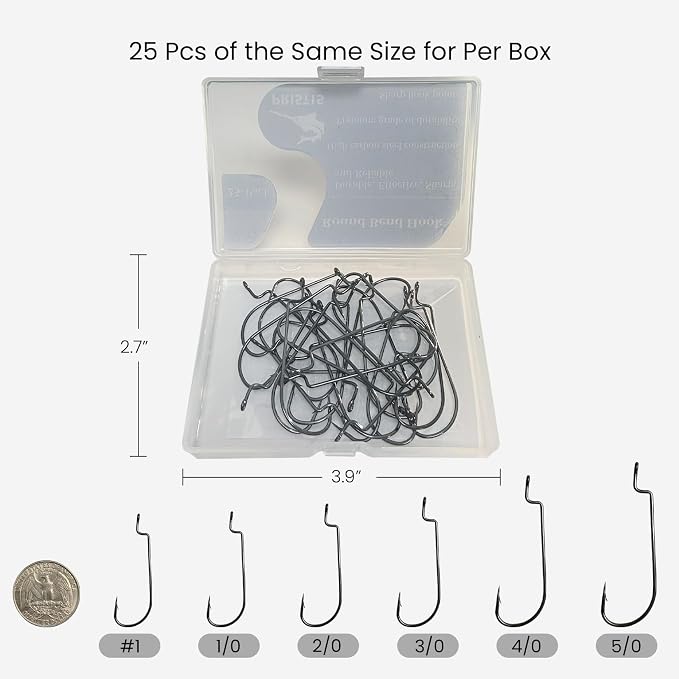 Pristis 25 Pack High Carbon Steel Fishing Hooks, Reinforced EWG Circle Octopus Round Bend 60 Degree Wide Gap Strong Barbed Worm Fish Hook Jig Bait Rig for Saltwater Freshwater Bass Tuna Walleye Trout