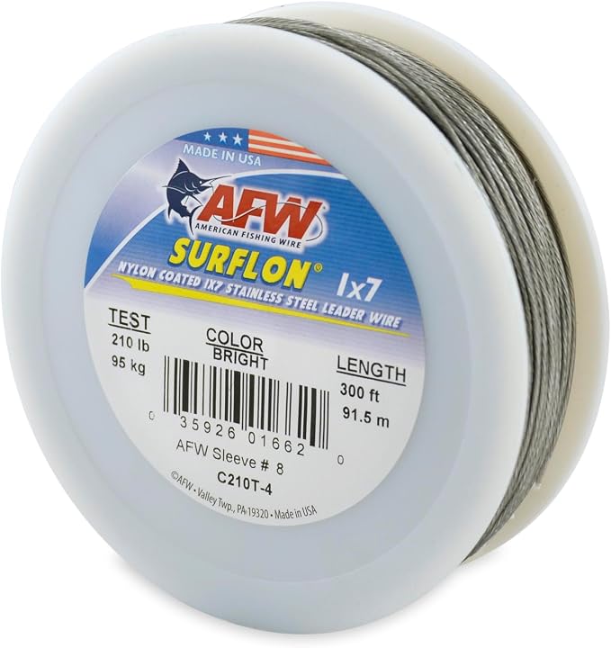American Fishing Wire Surflon Nylon Coated 1x7 Stainless Steel Wire Leader - Wire Fishing Leader Line for Saltwater 10lb Up To 250lb Test in Bright, Black, Camo in 30ft, 100ft, 300ft, & 1000ft Lengths