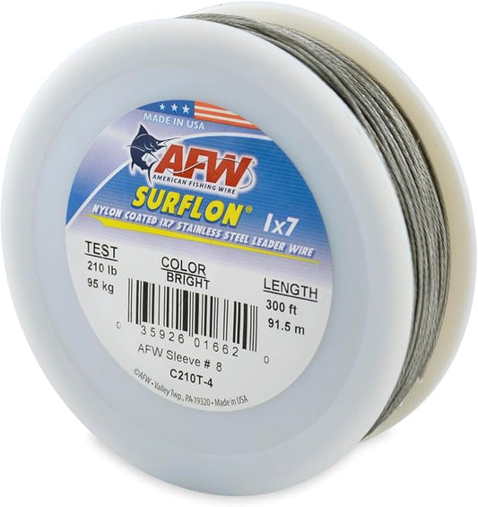 American Fishing Wire Surflon Nylon Coated 1x7 Stainless Steel Wire Leader - Wire Fishing Leader Line for Saltwater 10lb Up To 250lb Test in Bright, Black, Camo in 30ft, 100ft, 300ft, & 1000ft Lengths