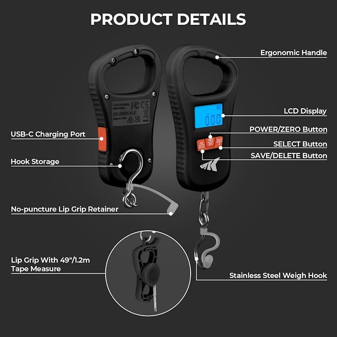 KastKing ToughTide Fishing Scale, USB Charging, 65lb Capacity, Ultra-Thin Digital Fish Scale, LCD Display, Ergonomic Handle, Fish Scales Digital Weight, Fishing Accessories for Men