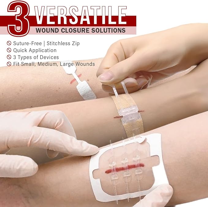 EVERLIT CARE Wound Closure Kit | 28 Pcs All-in-One First Aid with Suture-Free, Stitchless Zip Devices, Butterfly Bandages, for up to 6" Wounds | 100% Sterile Medical Supplies to Clean, Cover & Heal