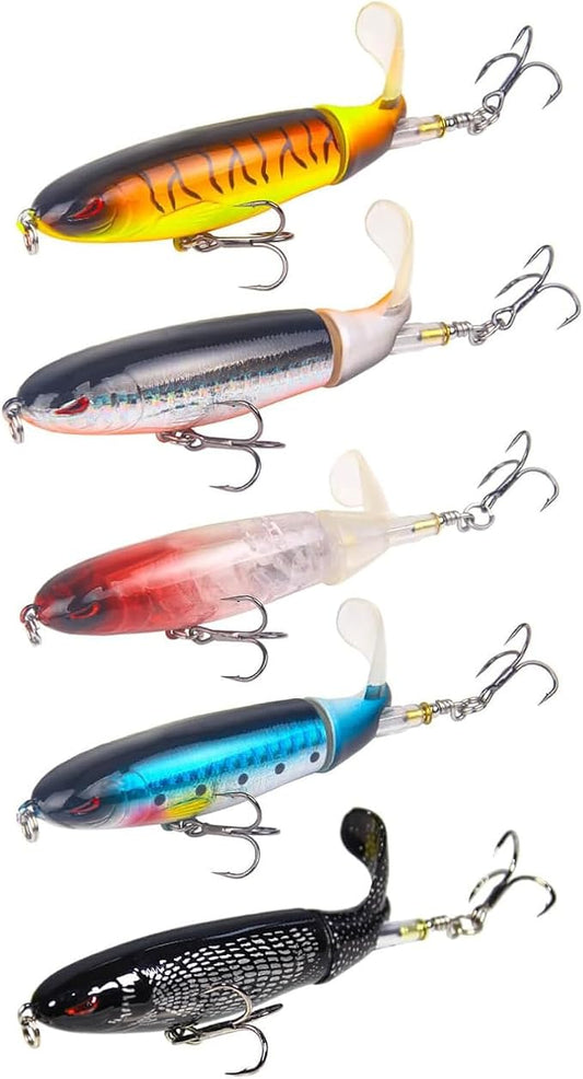 Popper Top Water Fishing Lure: Whopper Fishing Lures with Floating Rotating Tail Barb Treble Hooks Saltwater Freshwater for Bass