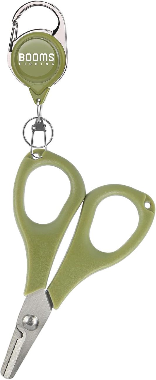 Booms Fishing S01 Fishing Scissors for Braided Line, Fishing Line Cutter Saltwater and Freshwater, Fishing Serrated Shears with Retractor, 3.9" Green