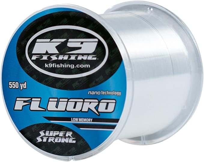 K-9 K9 Fluoro Fishing Line — Ultra Low-Memory, Abrasion Resistant, Long-Casting — Clear, Virtually Invisible Underwater — Great for Spinning and Casting Reels — 550 Yards, 6-25lb