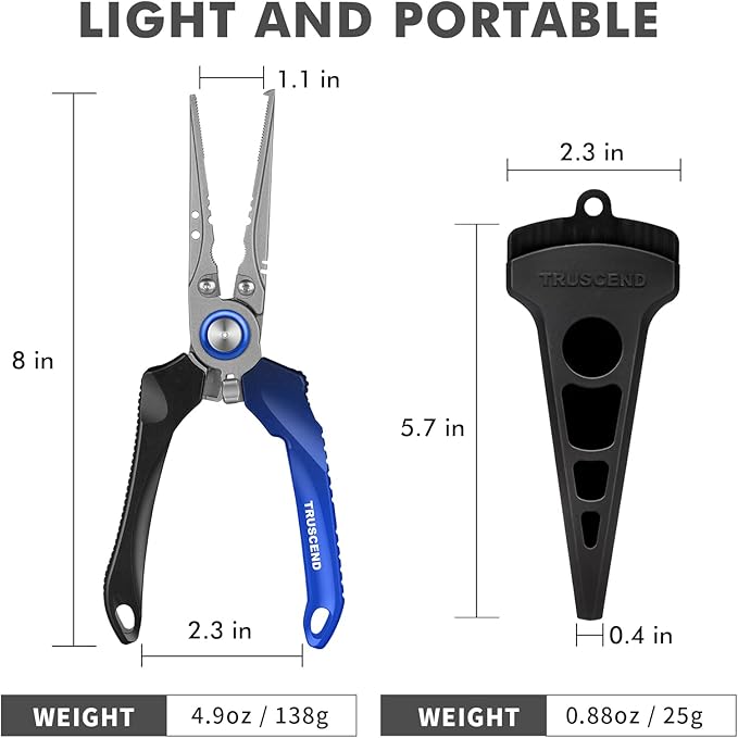 TRUSCEND Easy Use Lockable Fishing Pliers with Tungsten Carbide Cutter, Innovative Ergonomic Handy Handle, Saltwater Corrosion Resistant Teflon Coated Fishing Tool, Light Multi-Function Fishing Gear