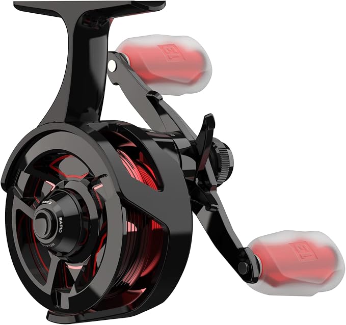 13 Fishing - Descent Aluminum - Inline Ice Fishing Reel - 2.7:1 Gear Ratio - Left Hand Retrieve (Aluminum Spool Gen 2 Design) - D2AL-2.7-LH, Black/Red