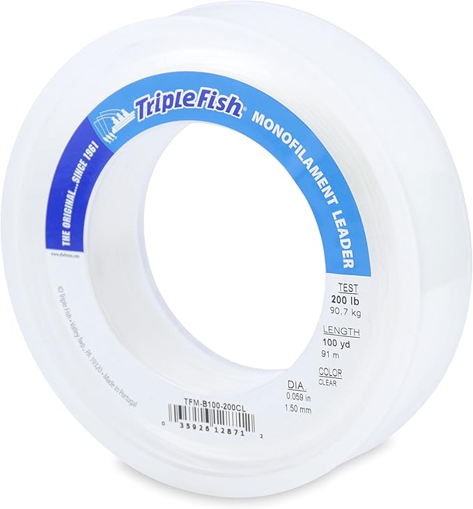Triple Fish Monofilament Fishing Leader - Clear, Camo Strong Tough Leader Material for Big Game Fishing, Up to 400lb Test