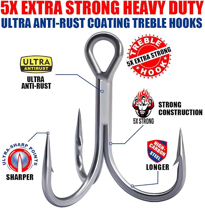 Fishing-Treble-Hooks-5X-Extra-Strong-Heavy-Duty Ultra Anti-Rust Bulk Hooks for Saltwater and Freshwater Fishing Sizes 5/0 to #8