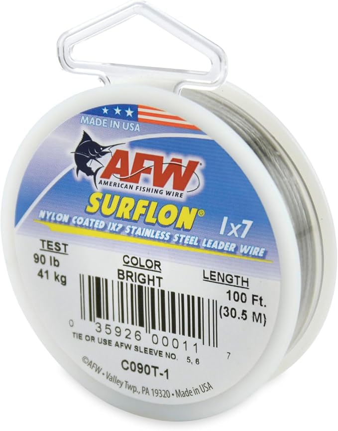 American Fishing Wire Surflon Nylon Coated 1x7 Stainless Steel Wire Leader - Wire Fishing Leader Line for Saltwater 10lb Up To 250lb Test in Bright, Black, Camo in 30ft, 100ft, 300ft, & 1000ft Lengths