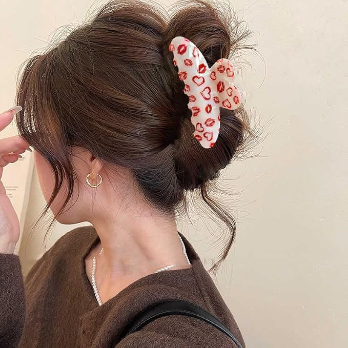 Heart Hair Claw Clips for Women, Red Heart Sexy Lips Design Hair Clips for Thick Thin Hair, Laser Acrylic No-Slips Claw Clips Strong Hold Large Hair Barrette Clips for Women Hair Accessories