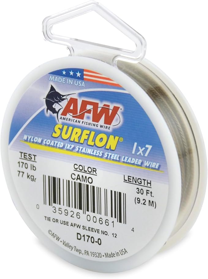 American Fishing Wire Surflon Nylon Coated 1x7 Stainless Steel Wire Leader - Wire Fishing Leader Line for Saltwater 10lb Up To 250lb Test in Bright, Black, Camo in 30ft, 100ft, 300ft, & 1000ft Lengths