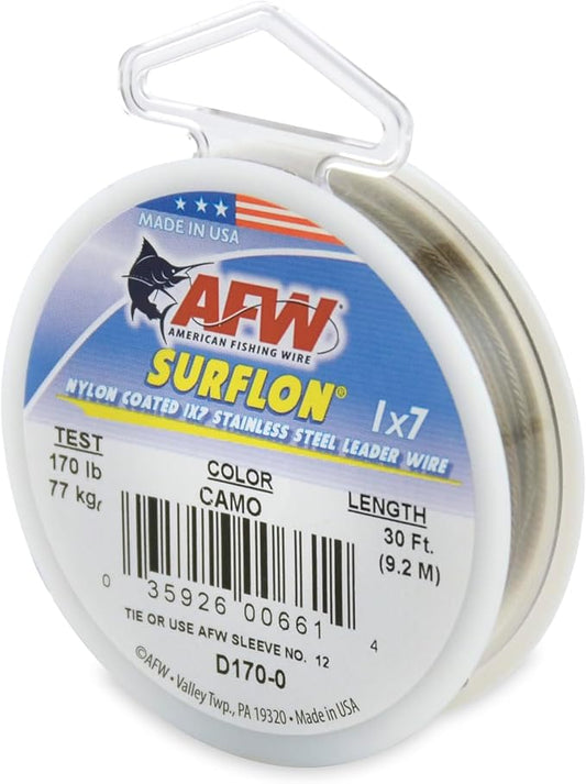 American Fishing Wire Surflon Nylon Coated 1x7 Stainless Steel Wire Leader - Wire Fishing Leader Line for Saltwater 10lb Up To 250lb Test in Bright, Black, Camo in 30ft, 100ft, 300ft, & 1000ft Lengths