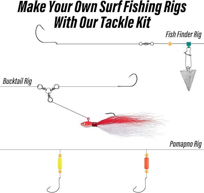 Dr.Fish 269 Pieces Surf Fishing Tackle Box Kit, Saltwater Ocean Beach Fishing Gear Supplies, Lure&Rig Accessories, Bucktail Jigs Saltwater Lures Walking Bait Surf Casting Pyramid Sinkers