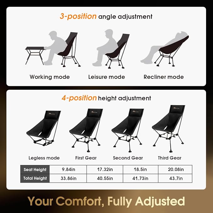 MOON LENCE Oversized High Back Camping Chair for Adults, Height Adjustable Folding Camp Chair | 400 lbs Capacity & 5.4 lbs Weight, Hidden Pillow Pocket Wide Seat for Camping Fishing Overlanding, Black