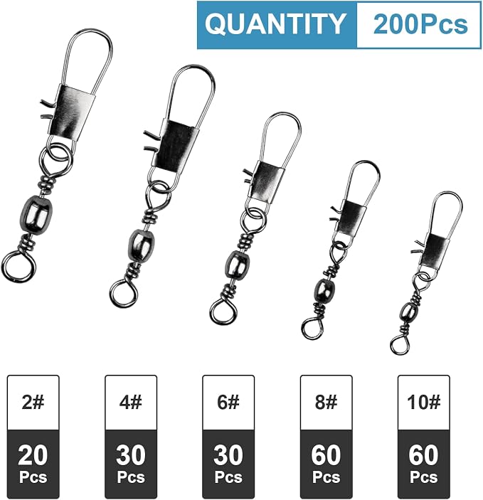 ReeMoo 200PCS Fishing Rolling Ball Bearing Barrel Swivel with Safety Snap Connector Fishing Accessories #2#4#6#8#10