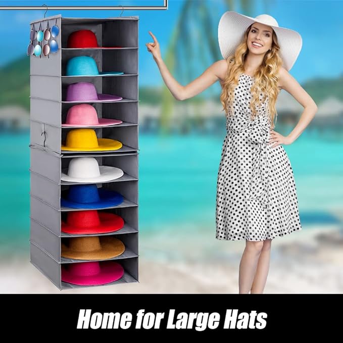 LADYBRO Large Hat Storage for Closet Hanging Organizer for Wide Brim 10 Shelf Oversized Racks Sunhat Cowboy Fedora Floppy Collection Box Container Display Big Brimmed Holder Space Saver Organization