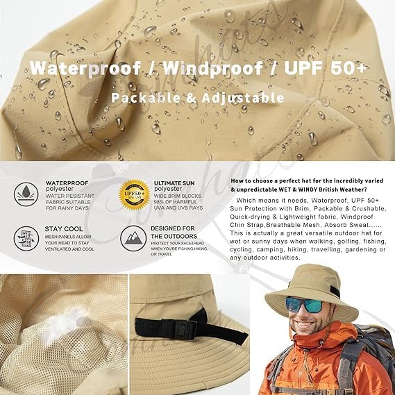 TOP-EX L/XL/XXL UV50+ Waterproof Bucket Sun Hat for Fishing Golf Hiking All-Weather Outdoor Rain Hat Stiff Brim
