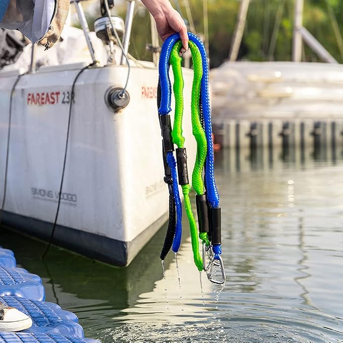 Bungee Dock Line with Stainless Steel Clip – Boat Dock Rope with Foam Float for Kayak, Canoe, Pontoon, Watercraft, SeaDoo, Docking – 4–5.5 ft, 2 Pack（Yellow&Green）